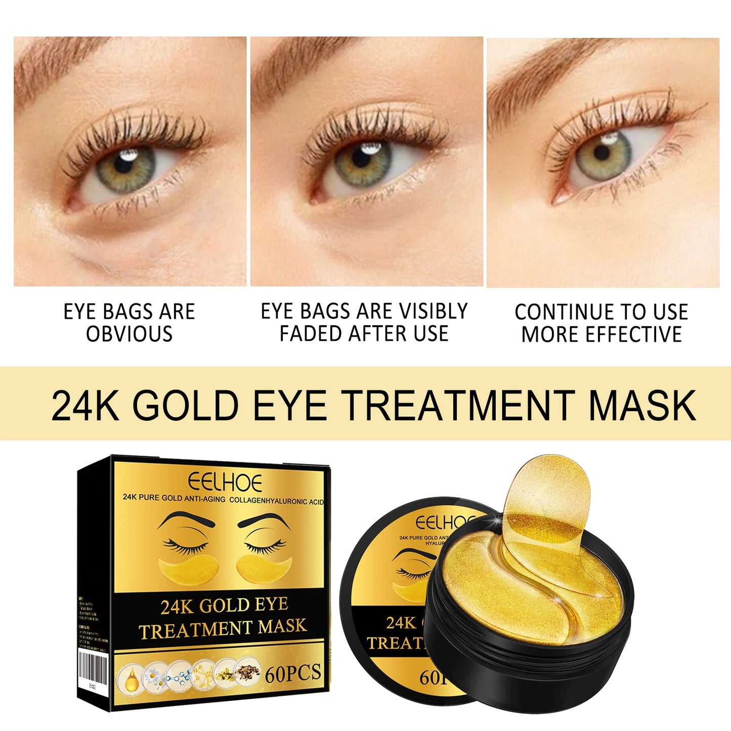 24K Gold under Eye Patches 60 Pcs Eye Mask Pure Gold Anti-Aging Collagen Hyaluronic Acid under Eye Mask