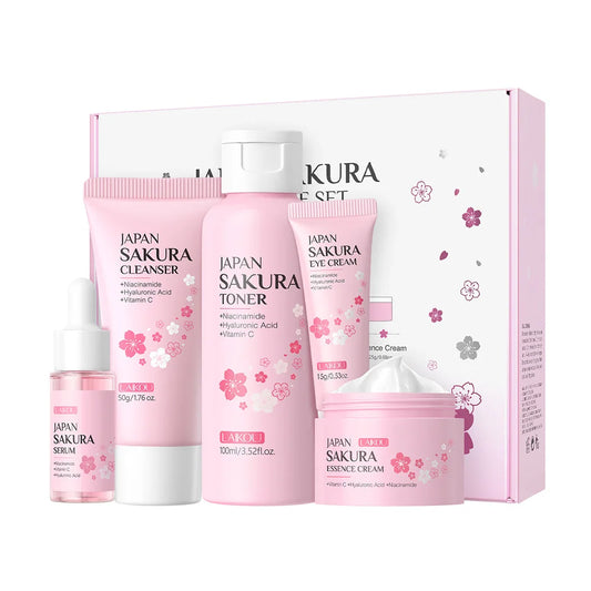 Sakura 5Pcs Skin Care Kit Cleanser Toner Serum Eye Cream Essence Cream Moisturizing Beauty Gift Box for Women 