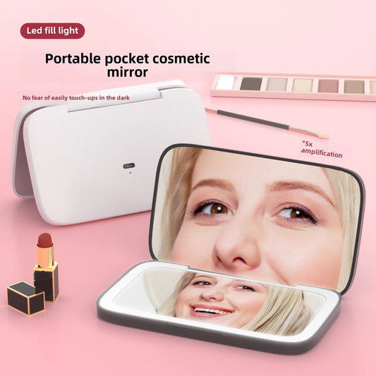 Mini Portable Folding Makeup Mirror Led Lights Magnifying Compact Pocket Travel Aesthetic Vanity Mirrors Make up Tools 5X
