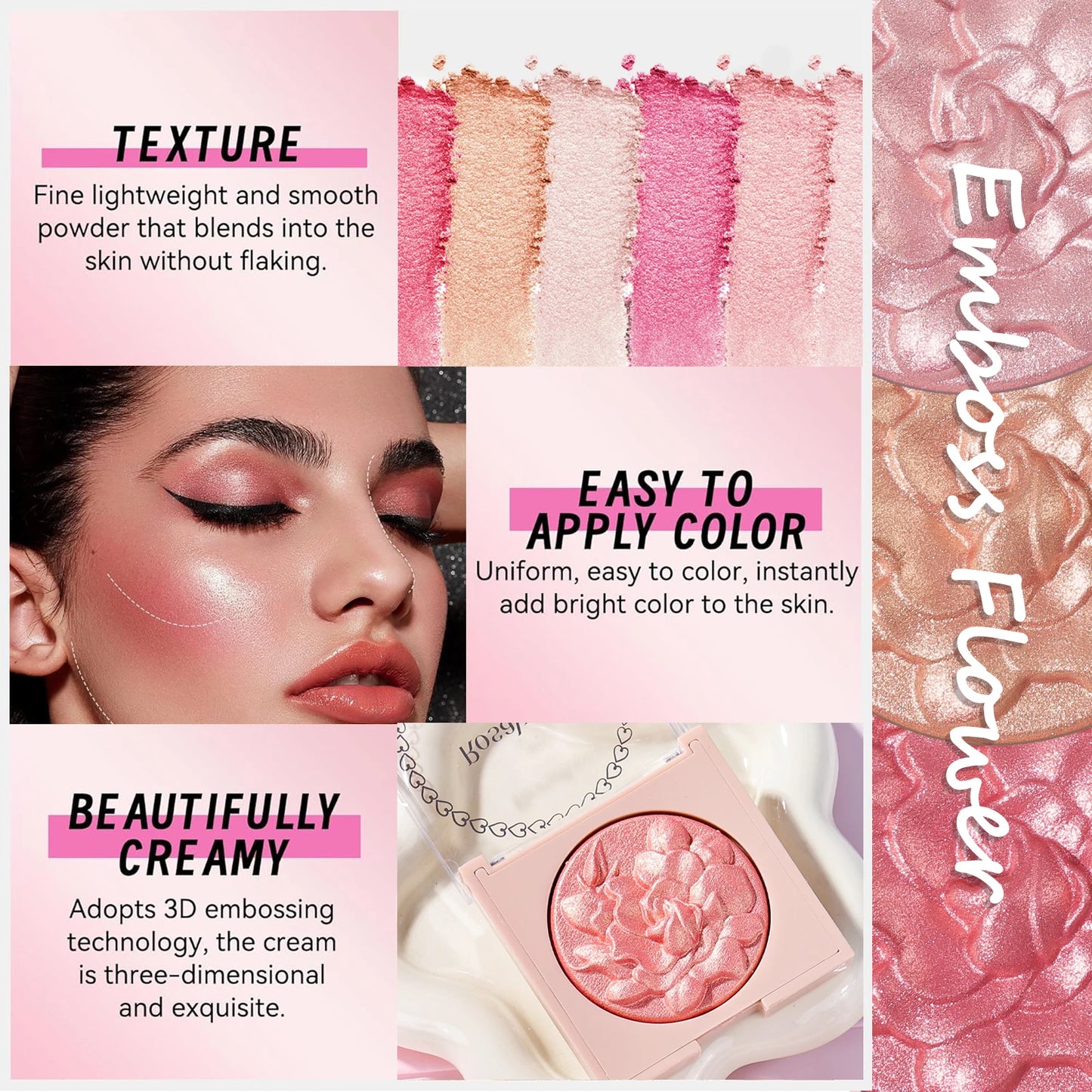 Pearlescent Shimmer Blush Powder, Single-Color Blush, Fine Powder, Improves Skin Tone, Blush without Flying Powder
