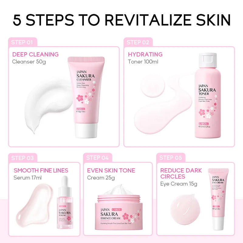 Sakura 5Pcs Skin Care Kit Cleanser Toner Serum Eye Cream Essence Cream Moisturizing Beauty Gift Box for Women ﻿