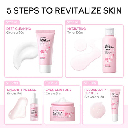 Sakura 5Pcs Skin Care Kit Cleanser Toner Serum Eye Cream Essence Cream Moisturizing Beauty Gift Box for Women ﻿