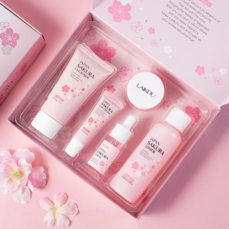 Sakura 5Pcs Skin Care Kit Cleanser Toner Serum Eye Cream Essence Cream Moisturizing Beauty Gift Box for Women ﻿