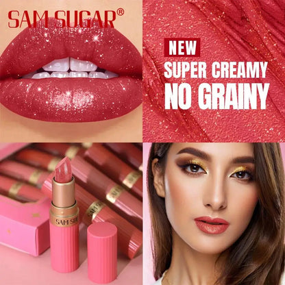 6Pcs Diamond Pink Lipstick Set Chocolate Brown Metallic Glitter Long Lasting Shimmer Pearl Sparkling Lip Gloss Makeup