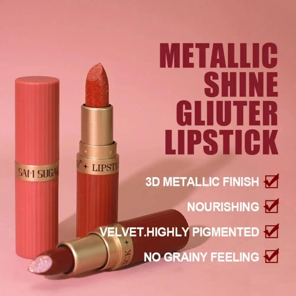 6Pcs Diamond Pink Lipstick Set Chocolate Brown Metallic Glitter Long Lasting Shimmer Pearl Sparkling Lip Gloss Makeup