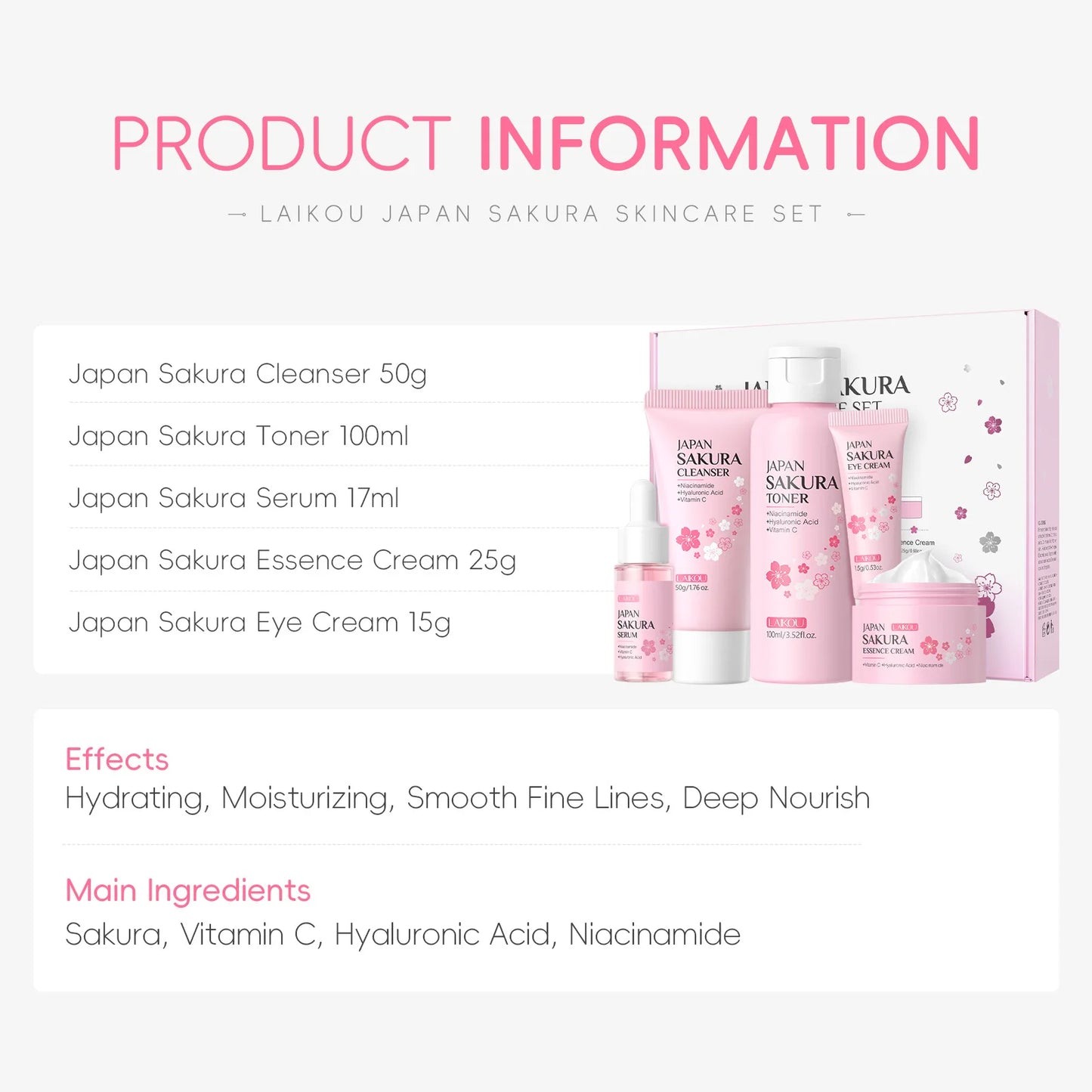 Sakura 5Pcs Skin Care Kit Cleanser Toner Serum Eye Cream Essence Cream Moisturizing Beauty Gift Box for Women ﻿