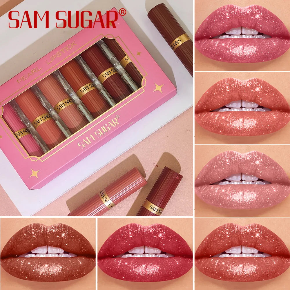 6Pcs Diamond Pink Lipstick Set Chocolate Brown Metallic Glitter Long Lasting Shimmer Pearl Sparkling Lip Gloss Makeup
