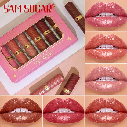 6Pcs Diamond Pink Lipstick Set Chocolate Brown Metallic Glitter Long Lasting Shimmer Pearl Sparkling Lip Gloss Makeup