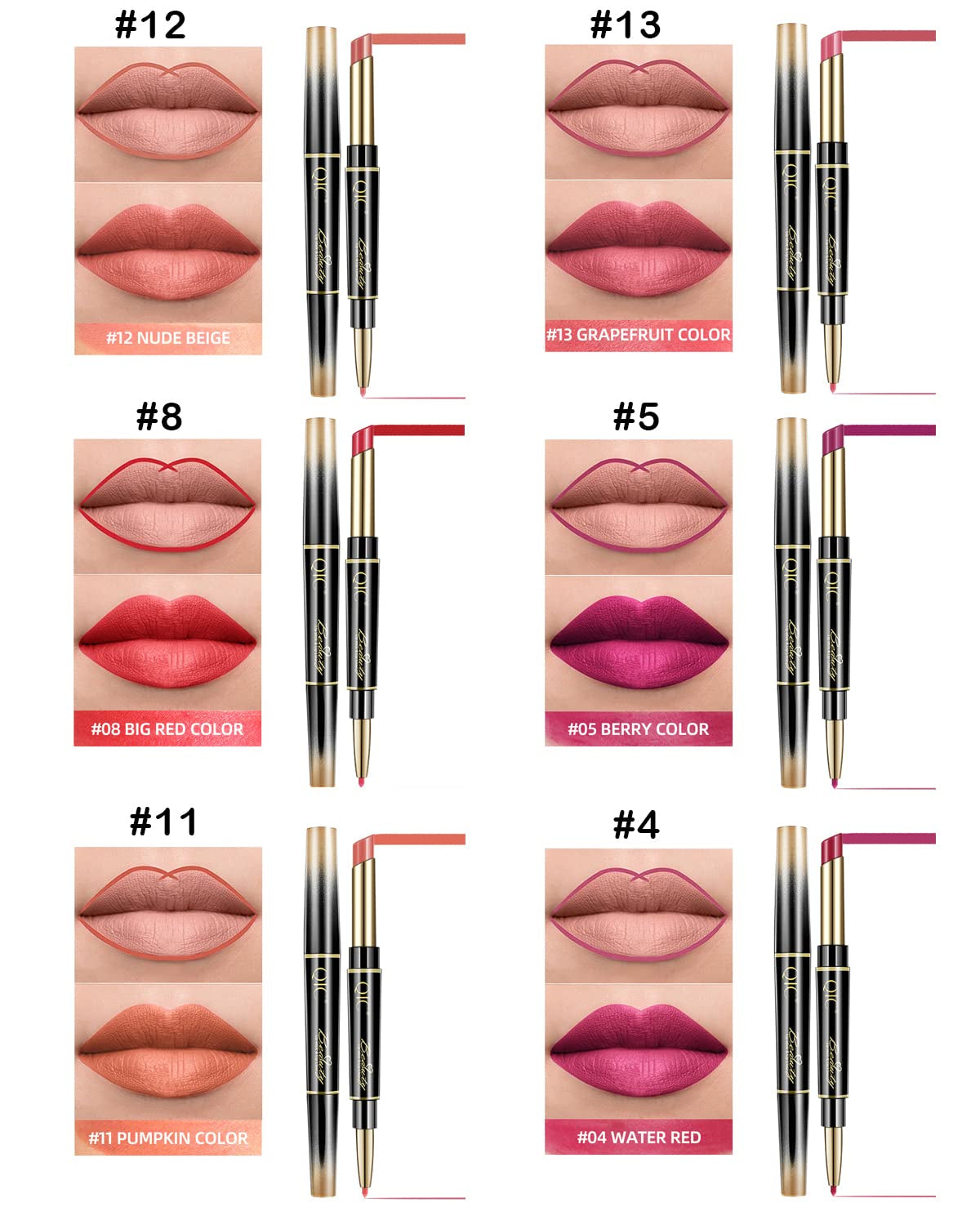 6Pcs Lip Liner and Lipstick Makeup Set, Purple Red/Claret/Vermilion/Pastel Orange/Rose/Ruby Red Lipstick Pen and with Lip Liner Pencil Set Lip Gift Set for Daily/Travel/Party/Work