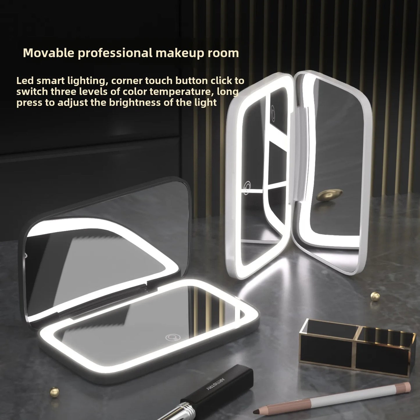 Mini Portable Folding Makeup Mirror Led Lights Magnifying Compact Pocket Travel Aesthetic Vanity Mirrors Make up Tools 5X