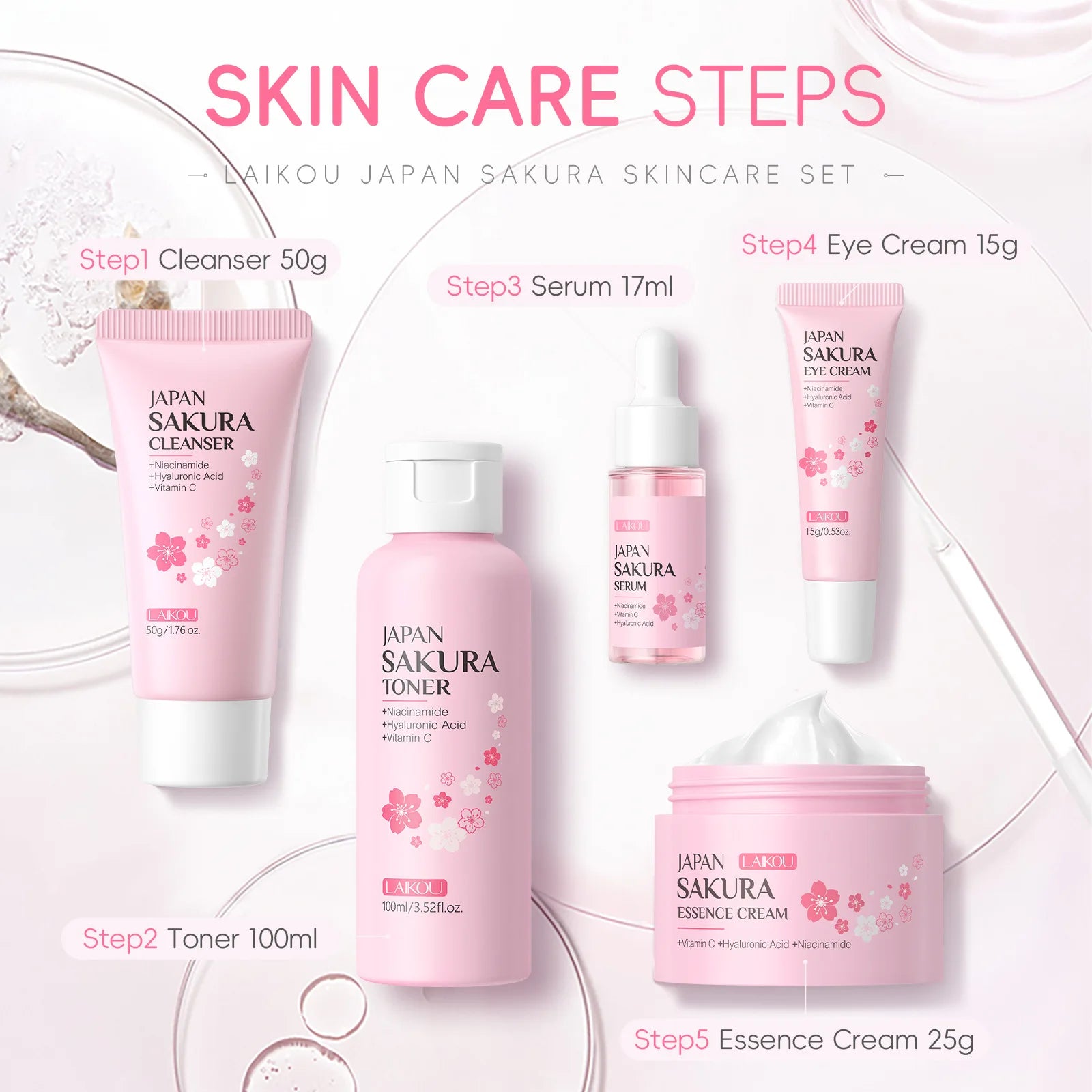 Sakura 5Pcs Skin Care Kit Cleanser Toner Serum Eye Cream Essence Cream Moisturizing Beauty Gift Box for Women ﻿