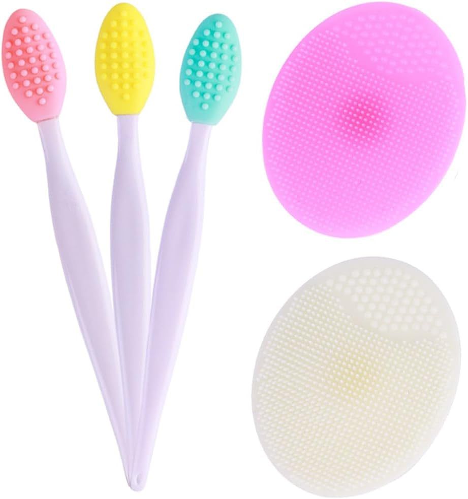 5 Pcs Mini Exfoliating Brush Set - 2 Pcs Silicone Facial Cleansing Brush and 3 Pcs Lip Scrub Brush