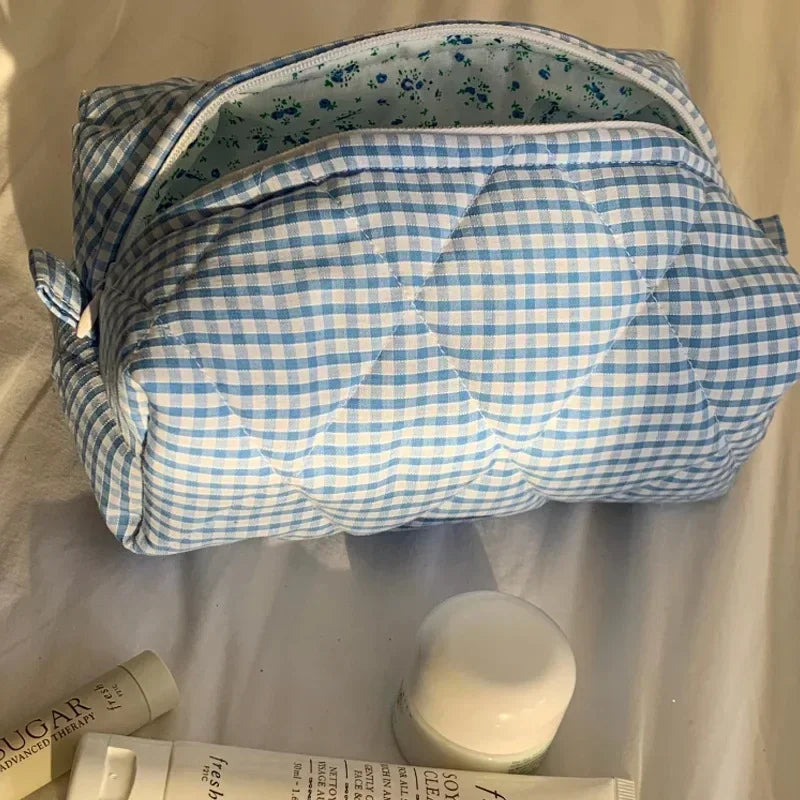 Fashion Checkered Floral Makeup Bag Large Capacity Portable Cosmetic Storage Bag Cotton Quilted Wash Bag Skincare Pouch