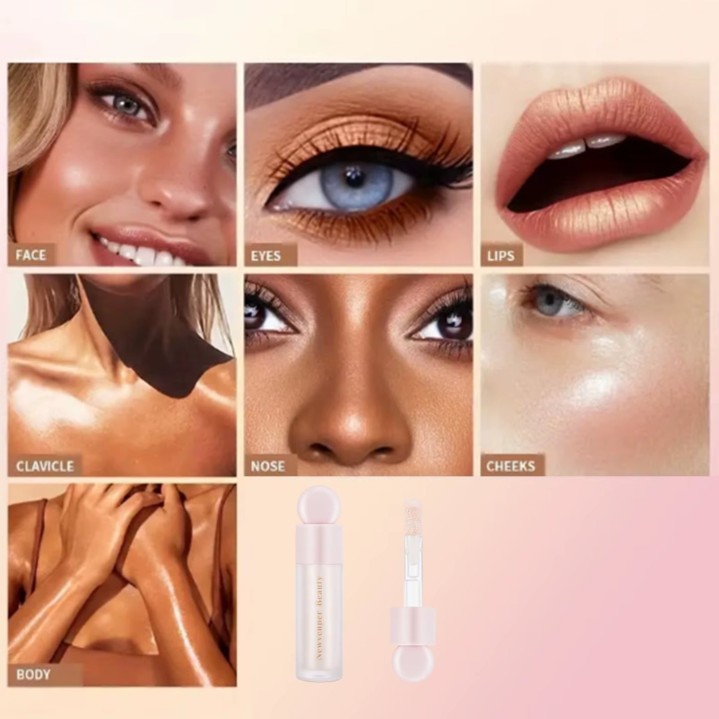 Liquid Highlighter + Liquid Blush + Liquid Contour for Face & Body, High Glossy Finish, Natural Glow Liquid Luminizer Makeup