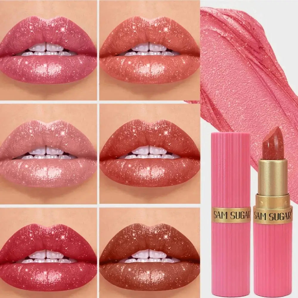 6Pcs Diamond Pink Lipstick Set Chocolate Brown Metallic Glitter Long Lasting Shimmer Pearl Sparkling Lip Gloss Makeup
