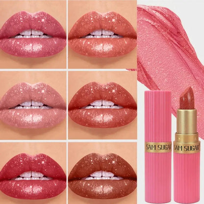 6Pcs Diamond Pink Lipstick Set Chocolate Brown Metallic Glitter Long Lasting Shimmer Pearl Sparkling Lip Gloss Makeup