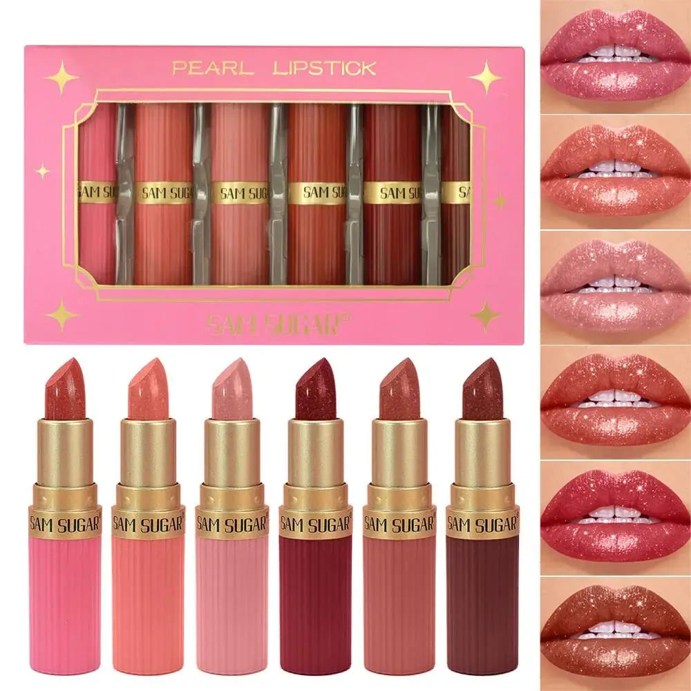 6Pcs Diamond Pink Lipstick Set Chocolate Brown Metallic Glitter Long Lasting Shimmer Pearl Sparkling Lip Gloss Makeup